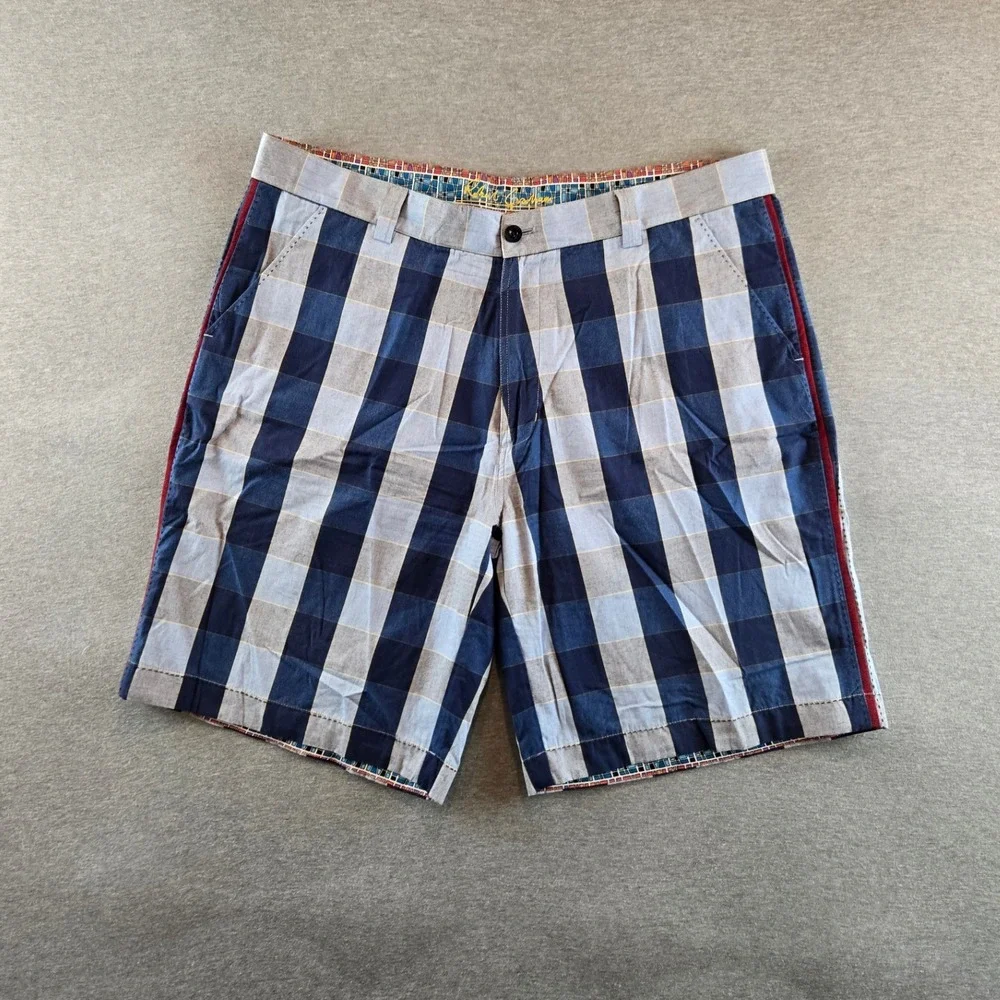Robert Graham Plaid Shorts Mens 38 Blue Gray Striped Designer Embroidered Hem